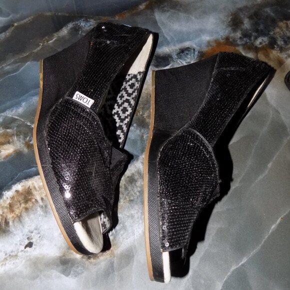 Toms Sequin Michelle Wedge Sandal Heels Black Heel Size 11 Women's - Picture 3 of 5